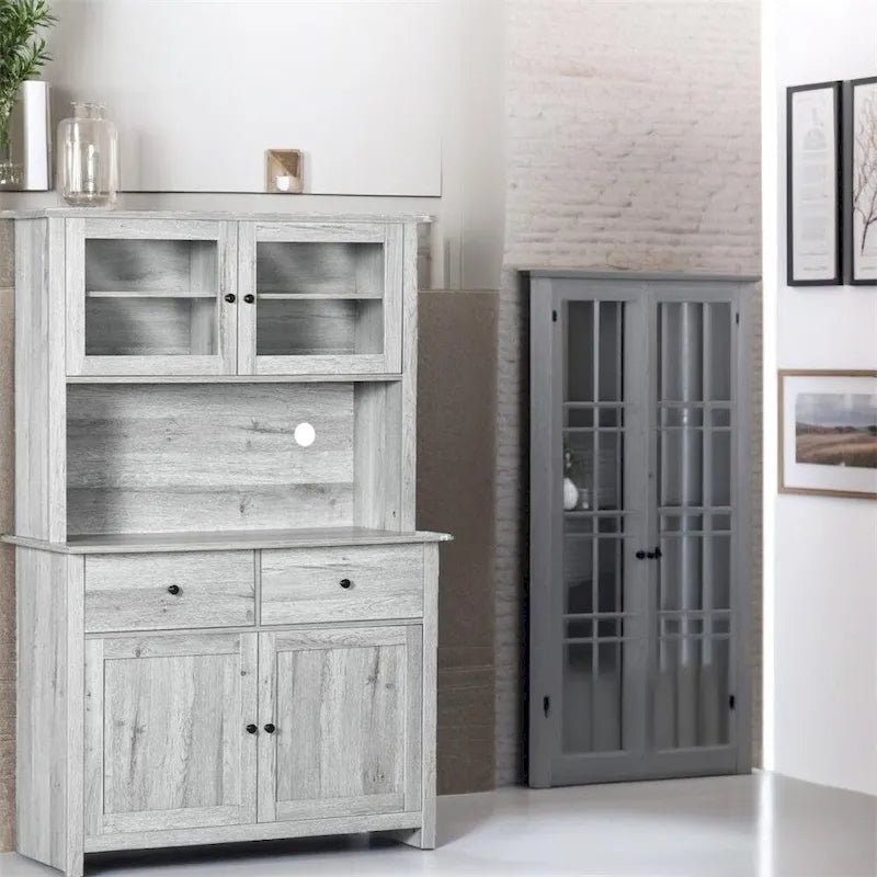 Glass Doors Kitchen Buffet with Hutch and Drawers - N/A