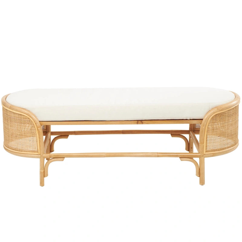Rotan ovale bank met witte stoffen kussen - bruin - 18Bx49Lx17H