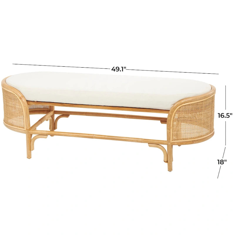Rotan ovale bank met witte stoffen kussen - bruin - 18Bx49Lx17H