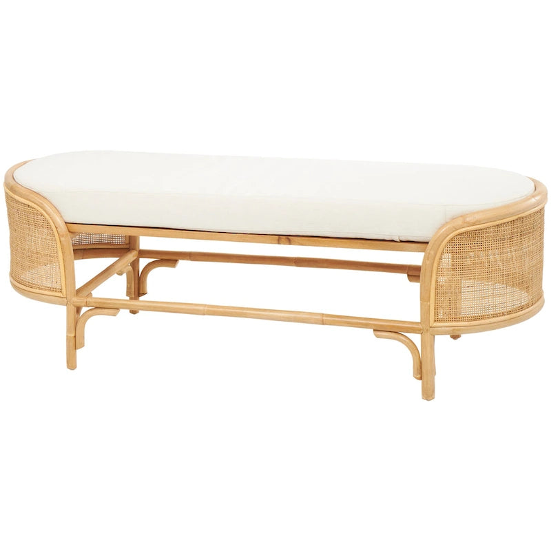 Rotan ovale bank met witte stoffen kussen - bruin - 18Bx49Lx17H