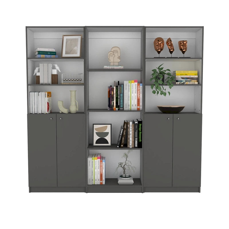 Driedelige boekenkastenset, 188 cm breed met dubbele kast met 4 planken