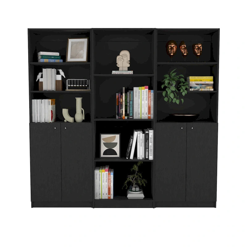 Driedelige boekenkastenset, 188 cm breed met dubbele kast met 4 planken