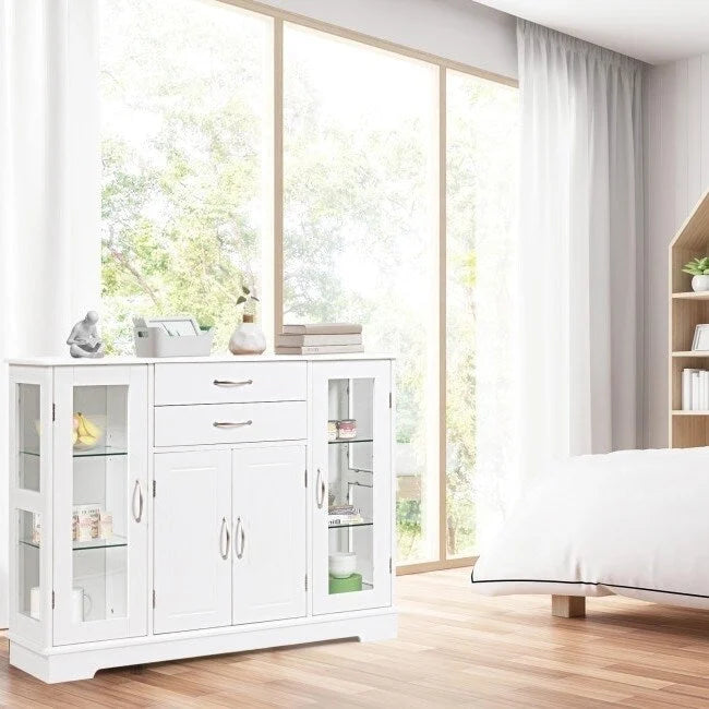 3-Laags Buffet Dressoirkast met Glazen Vitrinedeuren