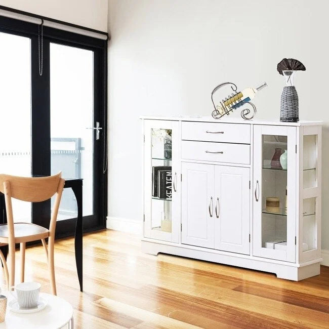 3-Laags Buffet Dressoirkast met Glazen Vitrinedeuren