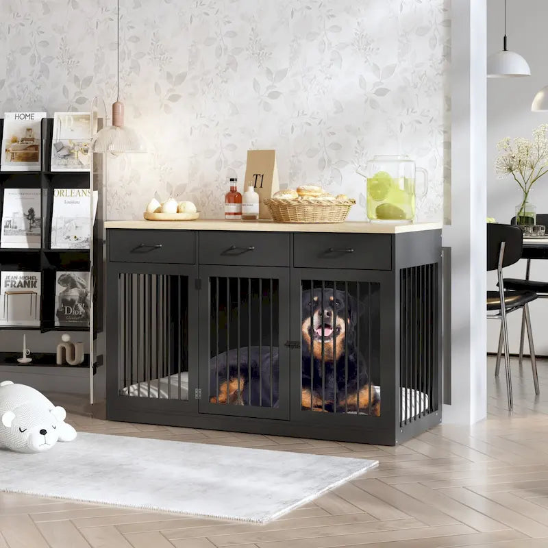 Modern Large Dog Crate with Storage Drawers - Elegant Espresso Finish