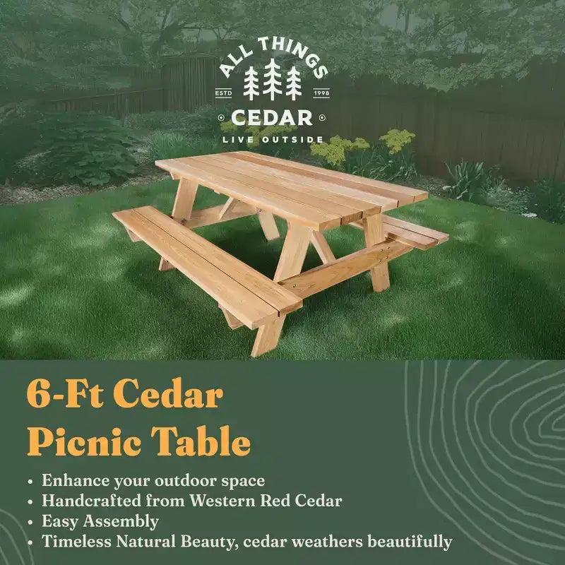 All Things Cedar 6-Ft Outdoor Picnic Table, Handcrafted Wooden Patio Bench Set for Camping, Backyard Parties, or Tailgating, Rustic Cedar