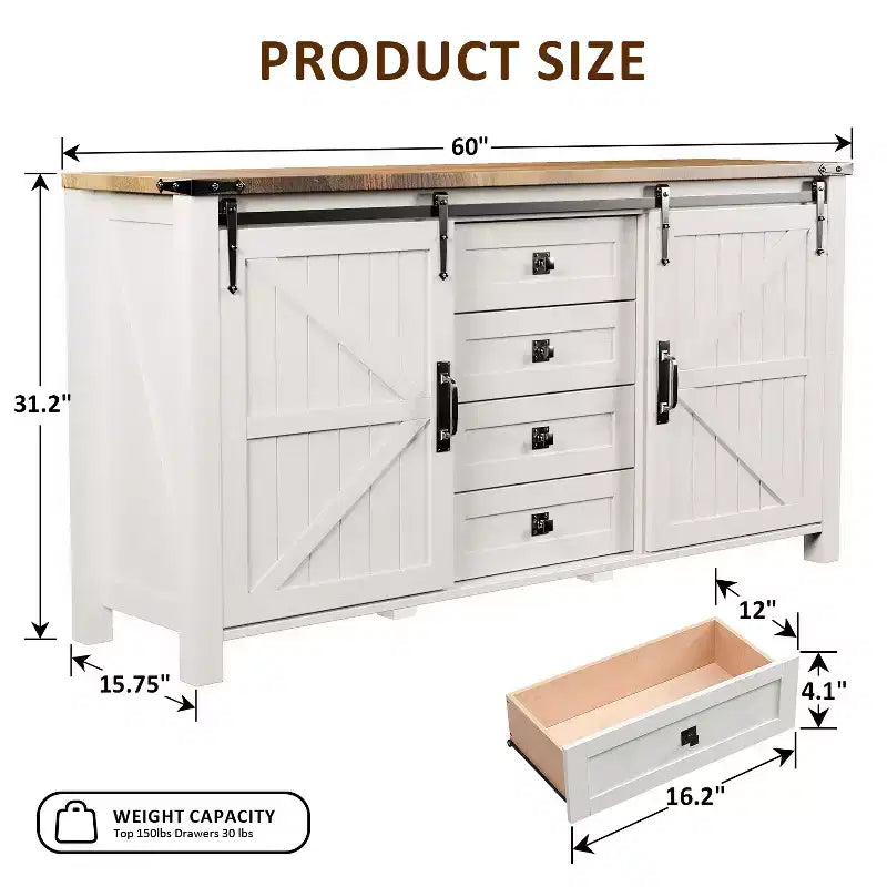 SinCiDo Farmhouse 60Dressing Table with Sliding Barn Door and 4 Drawers,Drawer Cabinet Living Room,Bedroom,Coffee Bar