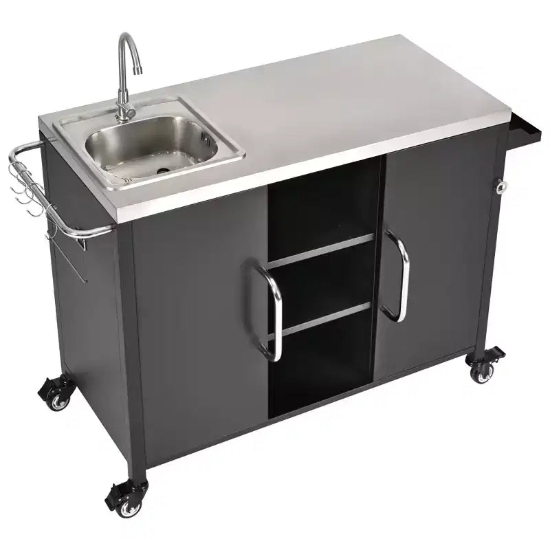 55.5 Outdoor Kitchen Island with Sink, Stainless Steel Prep Table with Spice Rack & Lockable Wheels, BBQ Grill Cart Station, Black - ModernLuxe