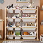 VECELO Kids Bookshelf Toy Storage with 12 Bins, Wooden Toy Rack for Toddlers, Large-Capacity Playroom Storage for Books or Toys