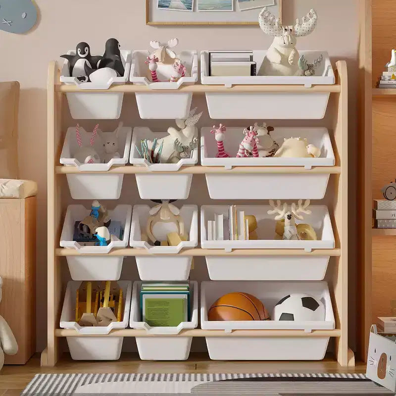 VECELO Kids Bookshelf Toy Storage with 12 Bins, Wooden Toy Rack for Toddlers, Large-Capacity Playroom Storage for Books or Toys