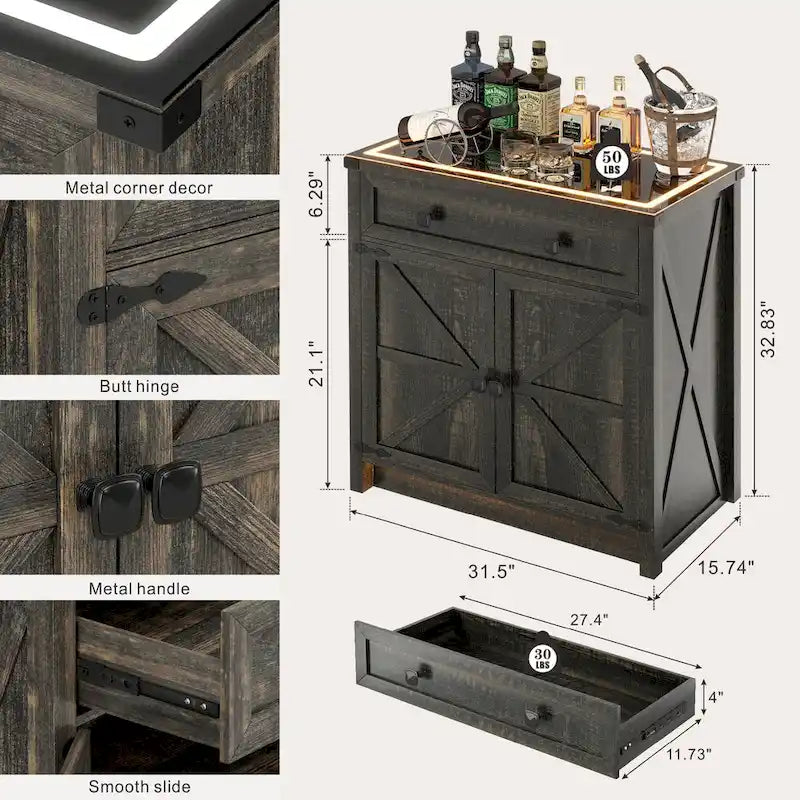 31,5" breed dressoir met ledverlichting en oplaadpoorten