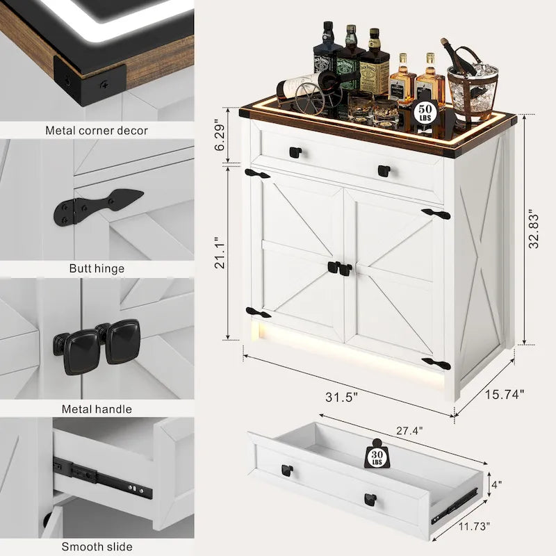 31,5" breed dressoir met ledverlichting en oplaadpoorten