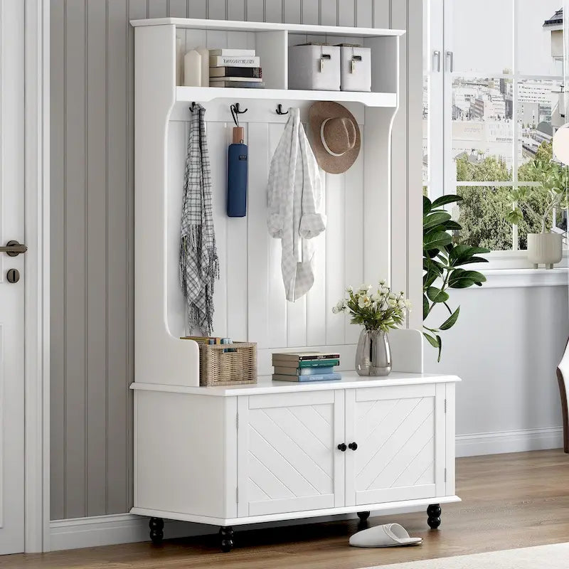 Kapstok met opbergbank, 4 haken en 2 planken – 101 cm breed