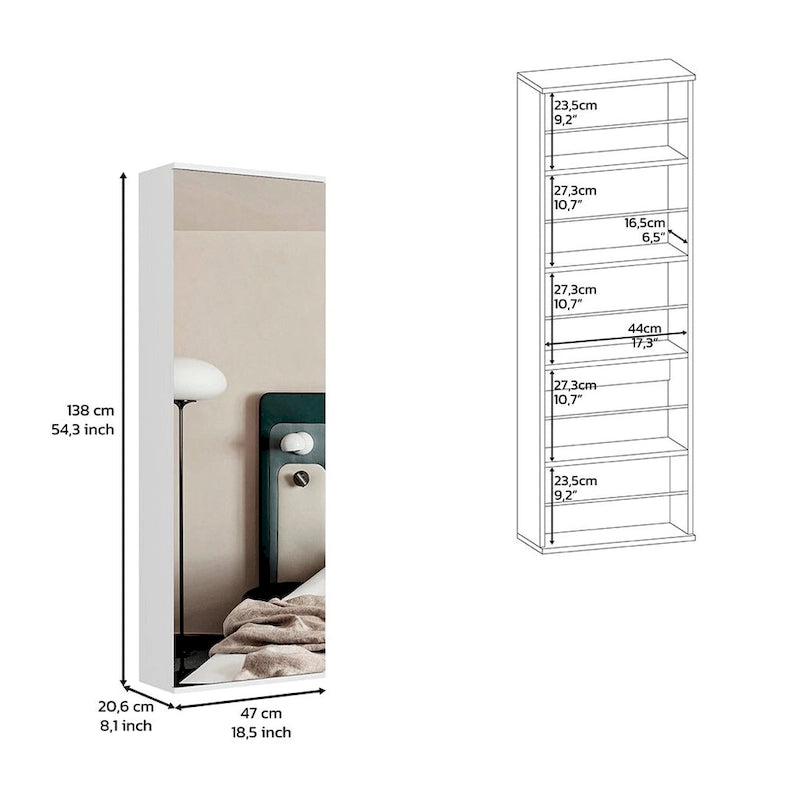 Schoenenrek voor wandmontage met spiegeldeur, enkele deur, wit