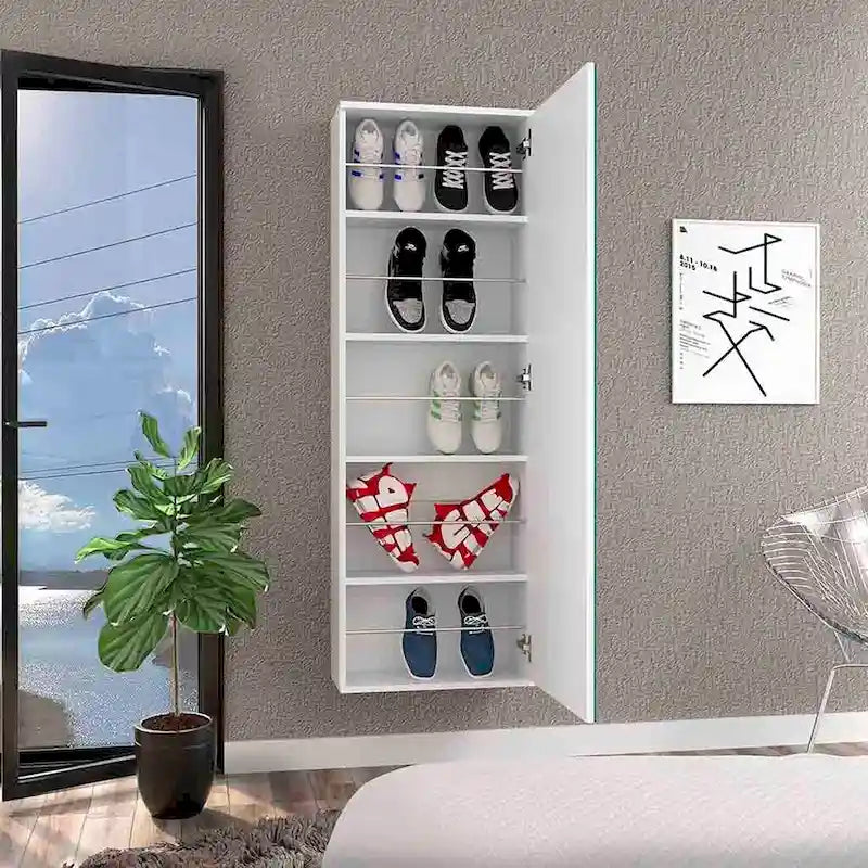 Schoenenrek voor wandmontage met spiegeldeur, enkele deur, wit