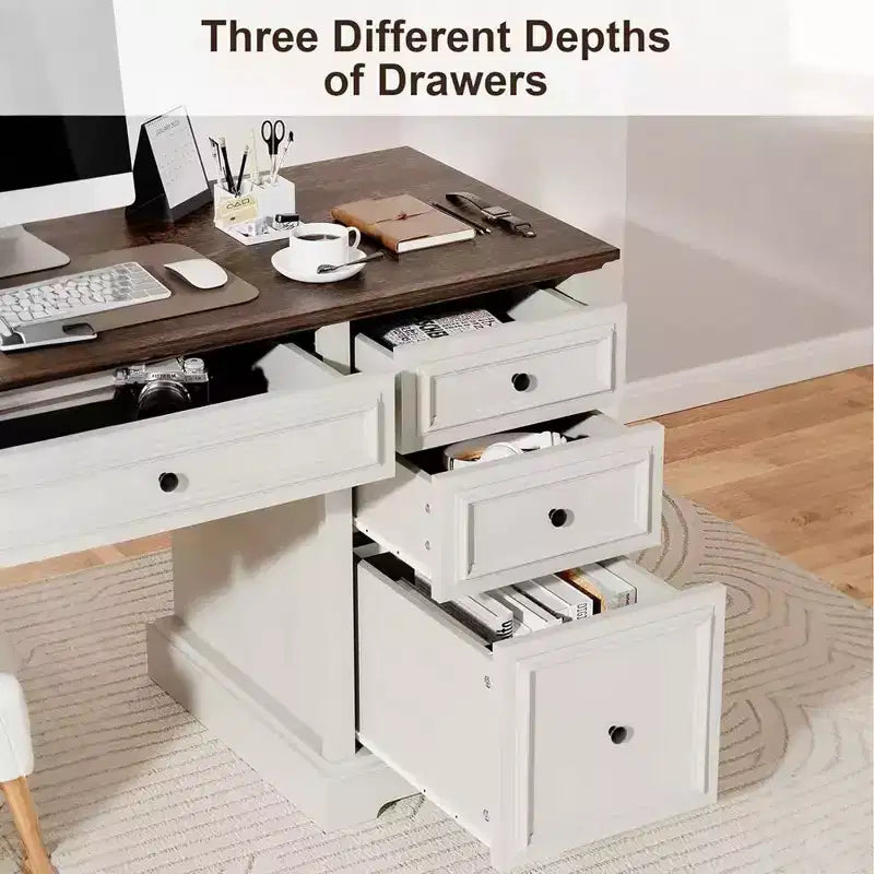 60 Farmhouse Executive Desk for Home Office - Wooden Writing Desk with Drawers, Cabinet Storage, Rustic Home Office Desk for Work Study