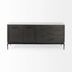 180cm mangohouten dressoir met marmeren blad en zwarte metalen poten