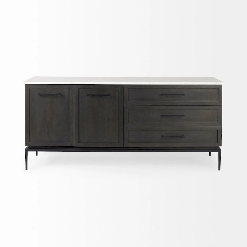 180cm mangohouten dressoir met marmeren blad en zwarte metalen poten