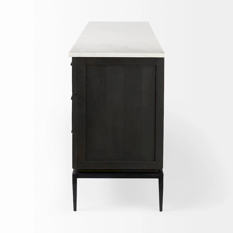 180cm mangohouten dressoir met marmeren blad en zwarte metalen poten