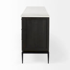 180cm mangohouten dressoir met marmeren blad en zwarte metalen poten