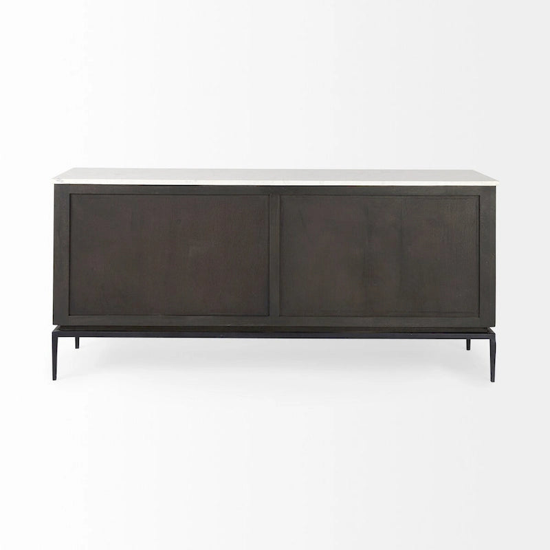 180cm mangohouten dressoir met marmeren blad en zwarte metalen poten
