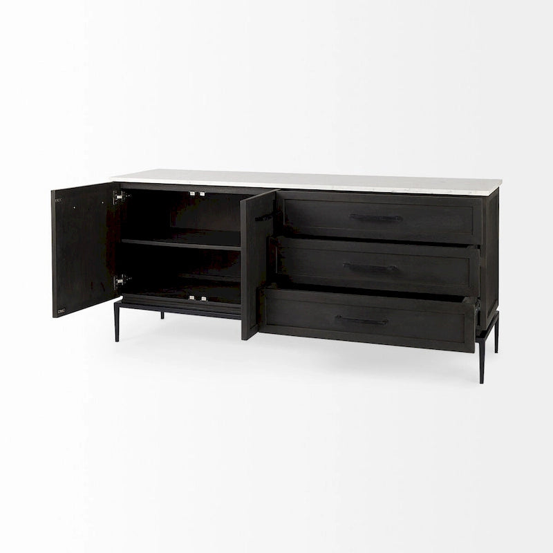 180cm mangohouten dressoir met marmeren blad en zwarte metalen poten