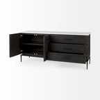 180cm mangohouten dressoir met marmeren blad en zwarte metalen poten