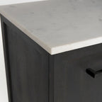 180cm mangohouten dressoir met marmeren blad en zwarte metalen poten