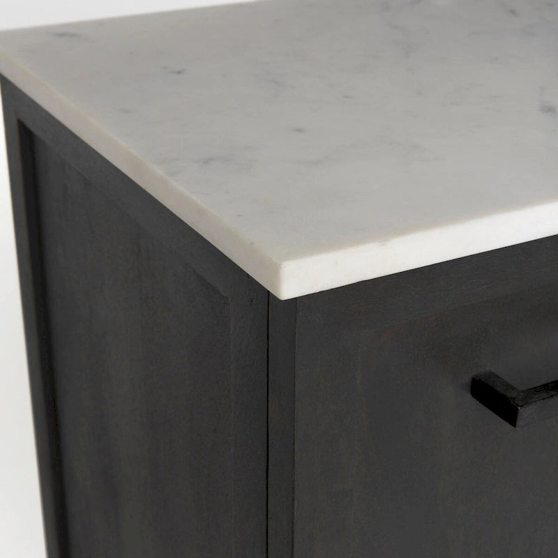 180cm mangohouten dressoir met marmeren blad en zwarte metalen poten