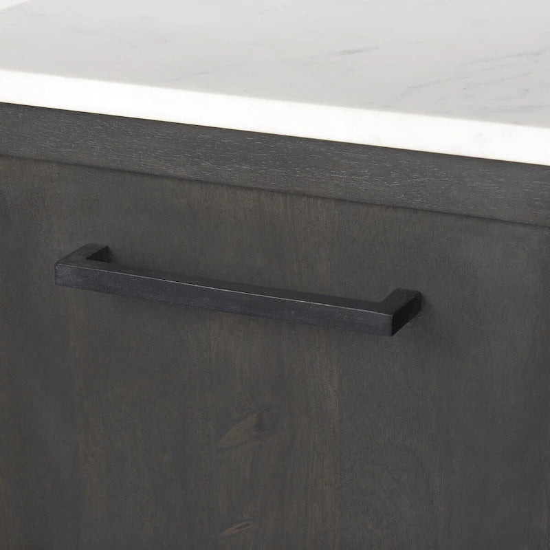 180cm mangohouten dressoir met marmeren blad en zwarte metalen poten