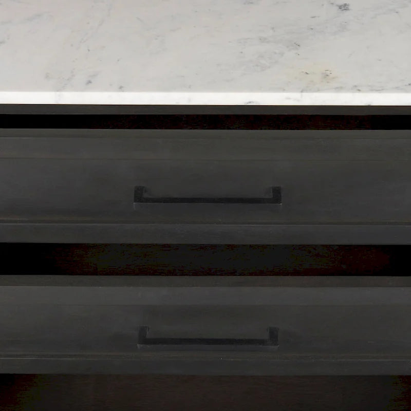 180cm mangohouten dressoir met marmeren blad en zwarte metalen poten