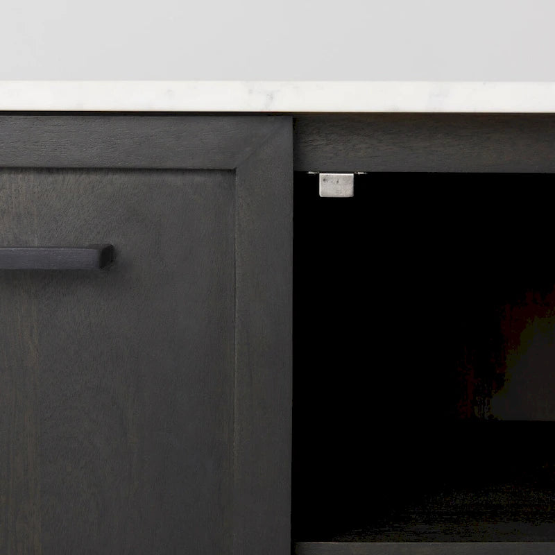 180cm mangohouten dressoir met marmeren blad en zwarte metalen poten