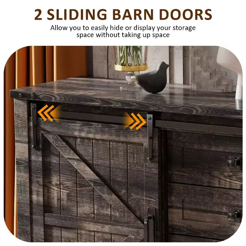 SinCiDo Farmhouse 60Dressing Table with Sliding Barn Door and 4 Drawers,Drawer Cabinet Living Room,Bedroom,Coffee Bar