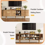 AMERLIFE 70 TV Stand with Solid Wood Legs, Mid Century Modern TV Console with Tambour Door