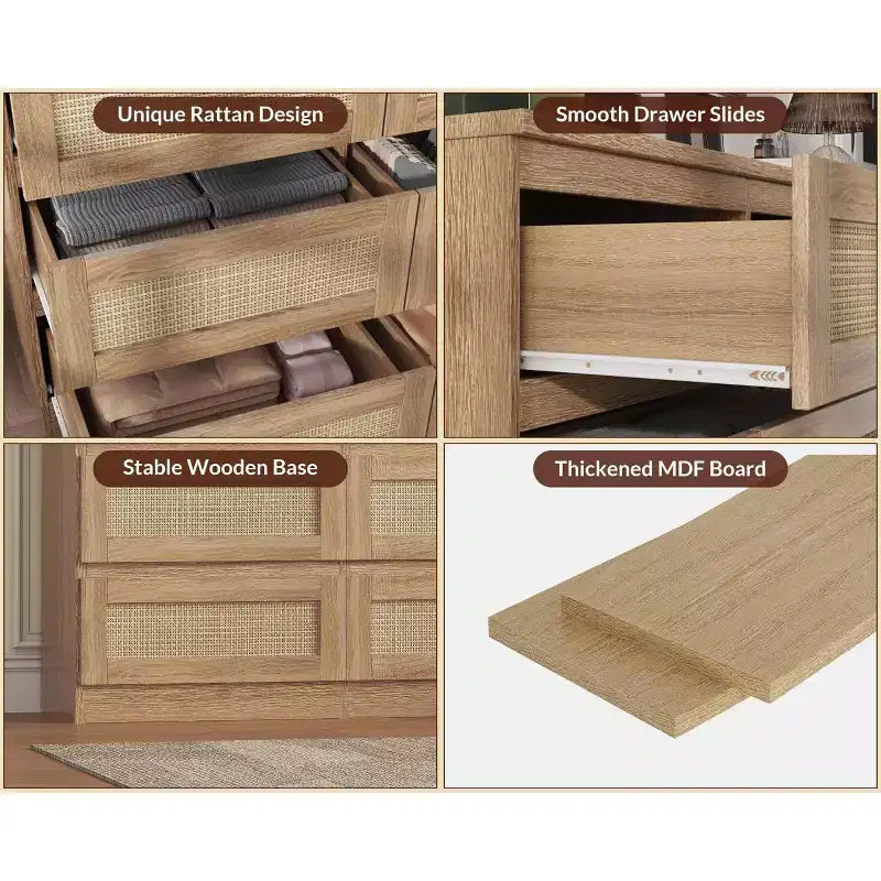 Dresser for Bedroom, Rattan 9 Drawer Dresser for Closet, Double Wood Dressers & Chest of Drawers