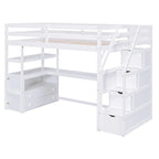 Twin Size Loft Bed with Desk and Shelves, Two Built-in Drawers, Storage Staircase