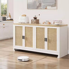 Woven Rattan 4-Door Storage Cabinet, Buffet Sideboard with Shelf, Coffee Bar Console for Kitchen Dining & Living Room, 36H