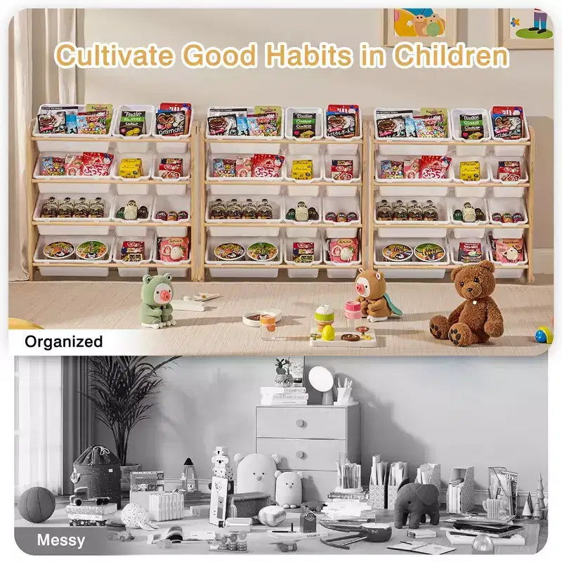 VECELO Kids Bookshelf Toy Storage with 12 Bins, Wooden Toy Rack for Toddlers, Large-Capacity Playroom Storage for Books or Toys