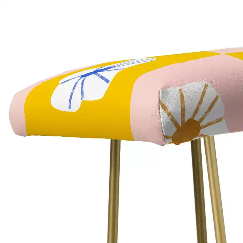 White Checkered Flowers Bench Yellow - Faux Leather Upholstered with Steel Legs