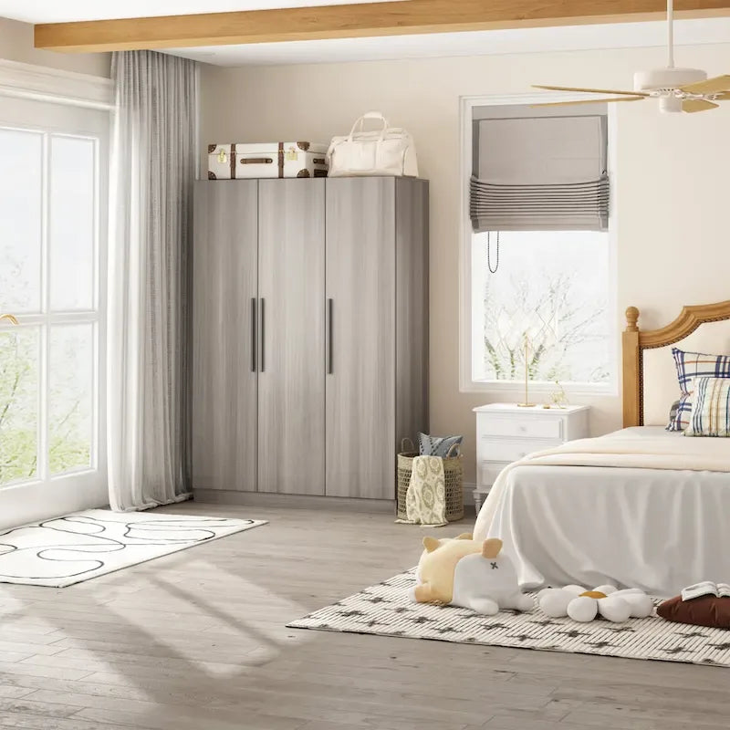 Timechee 47.2 Armoire Clothes Storage Solid Wood Handles Wardrobe White