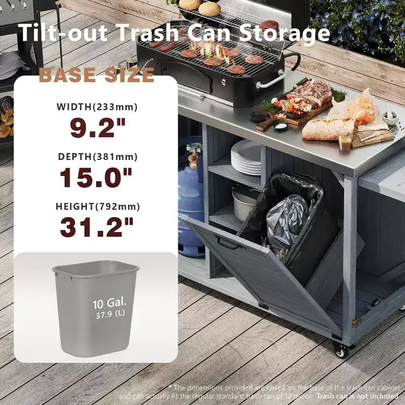 Outdoor Kitchen Island with Foldable Side Table,Outdoor Grill Cart with Stainless Steel Top,Hidden Trash Cabinet for Lawn & Garden