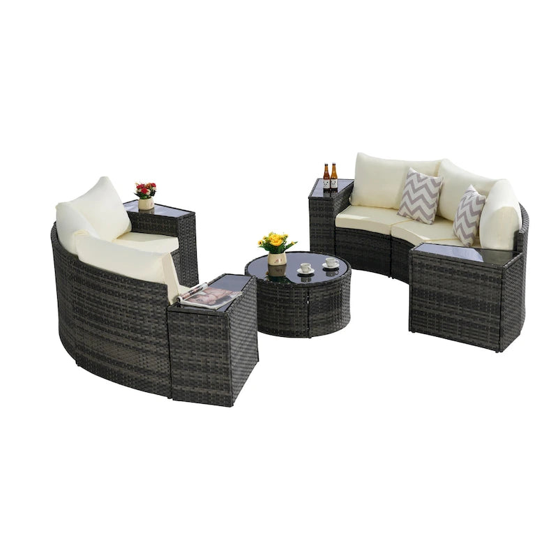 11-Piece Outdoor Half-Round Modular Sectional Sofa Set with Tempered Glass Coffee Table and 4 Side Table