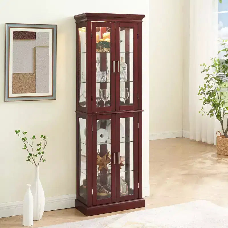 Display Cabinet, Curio Cabinet with 6 Adjustable Shelves and Tempered Glass Doors, Tall Cabinet for Living Room, Bedroom