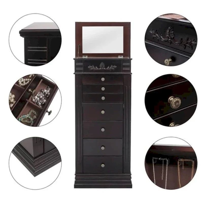 Stylish Jewelry Armoire with Mirror and Necklace Hooks - 18.5 x 12 x 42