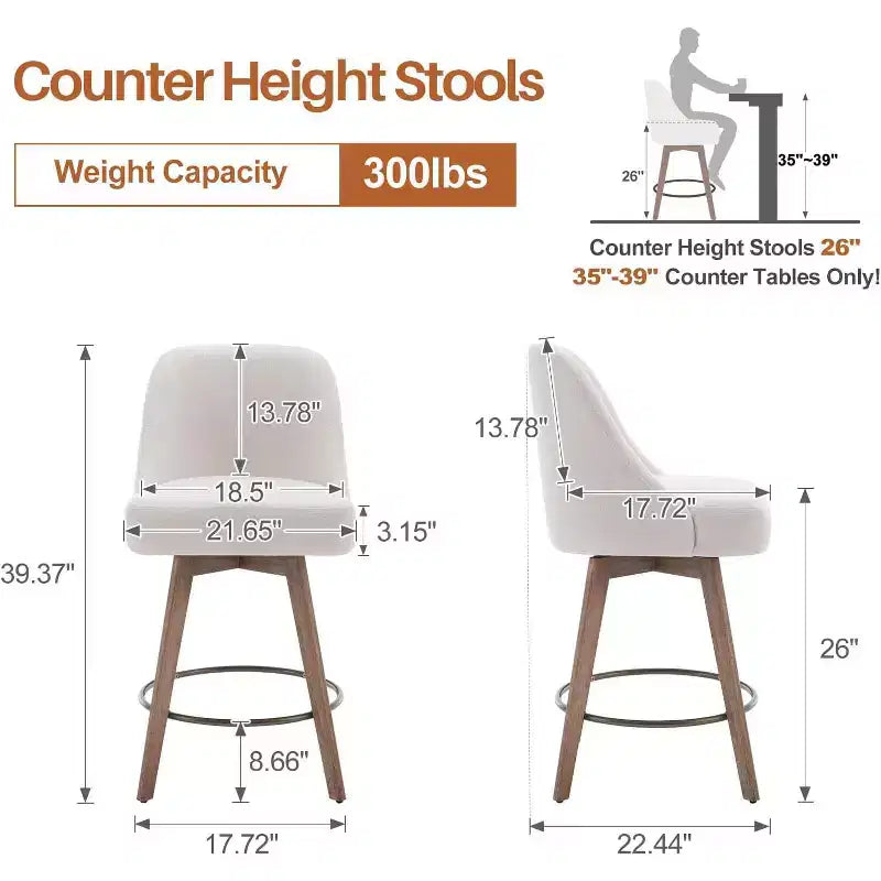 Bekrvio 26 Counter Height Swivel Bar Stools Set of 4 Backs and Wood Legs,Linen Fabric/PU Leather Upholstered Barstools for Kitchen Island
