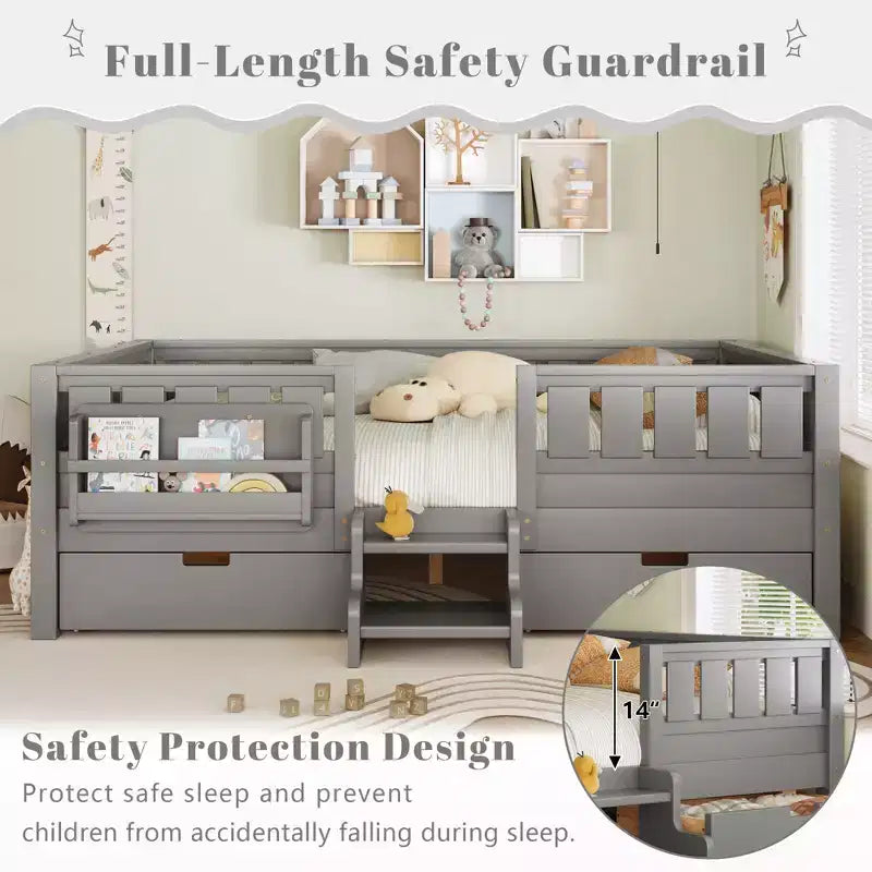 Bellemave Queen Size Toddler Bed with 14 Safety Guardrails, Space-saving Bed Frame with Built-in Bookshelves & 2 Under-Bed Storage Drawers