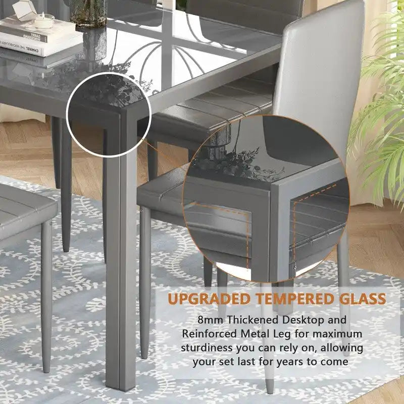 Grondin Modern Style 7-Piece Dining Room Table Set with Tempered Glass Tabletop and 6 PU Leather Upholstered Chairs