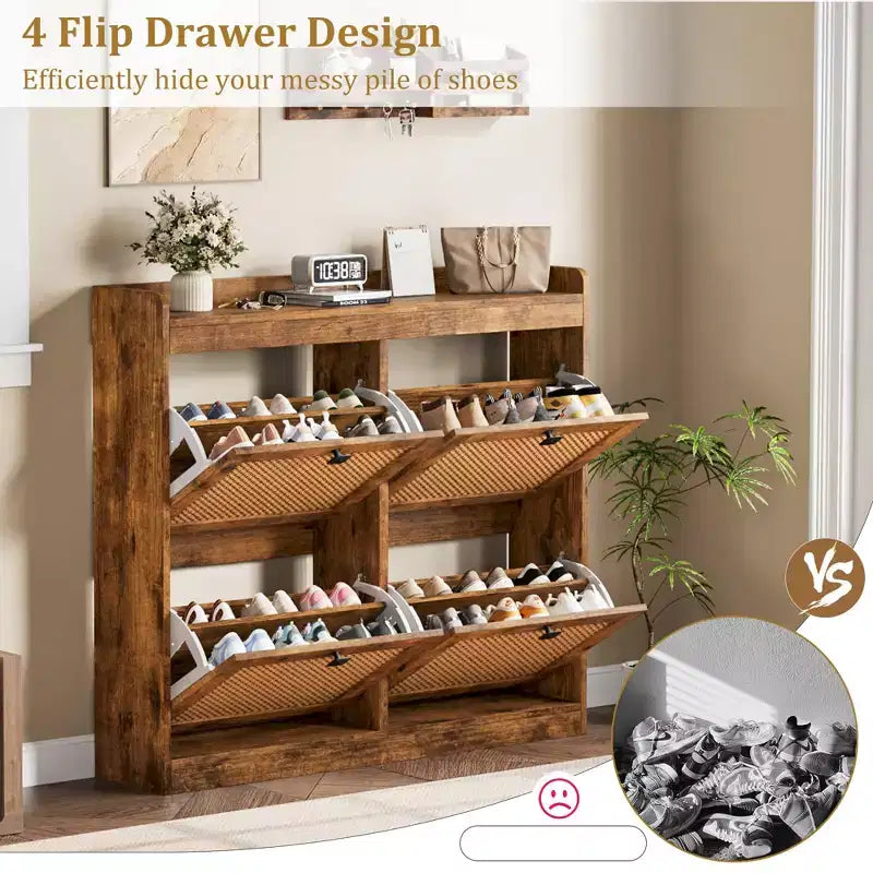 Shoe Storage Cabinet with 4 Flip Drawers, Wood Shoe Cabinet with Rattan Doors and Adjustable Shelves- Freestanding Shoe Organizer