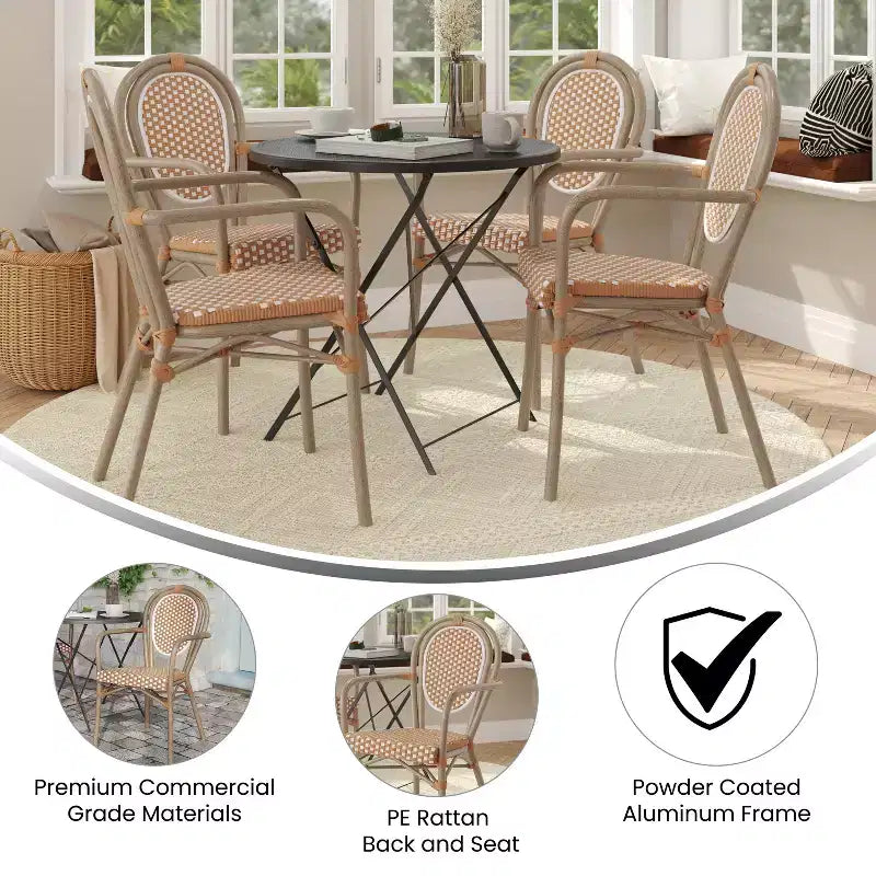 Flash Furniture 4 Pack Lourdes Indoor/Outdoor Commercial Thonet Bistro Stacking Chair with Arms, PE Rattan and Aluminum Frame