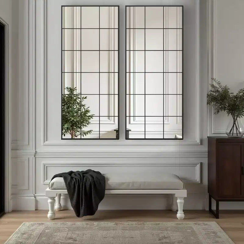 69x30 Black Rectangle Full-Body Mirror Metal Frame Full-length Mirror with Window Panes for Bathroom Bedroom Entryway Living